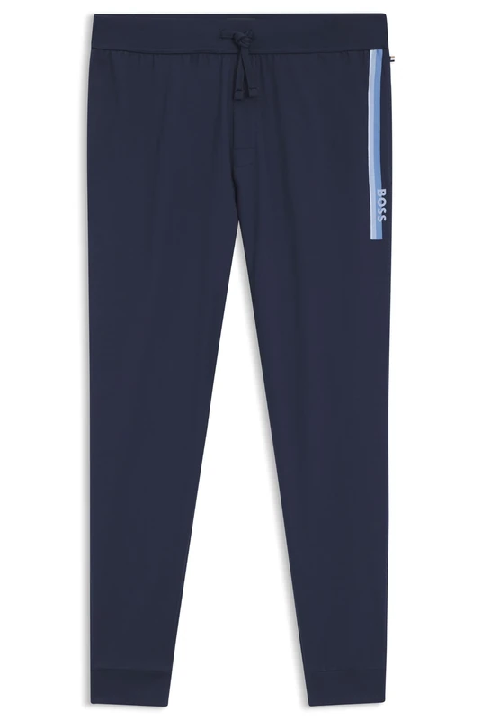 BOSS Mens Authentic Pants Cotton-Terry Tracksuit Bottoms with Logo and Stripe Dark Blue