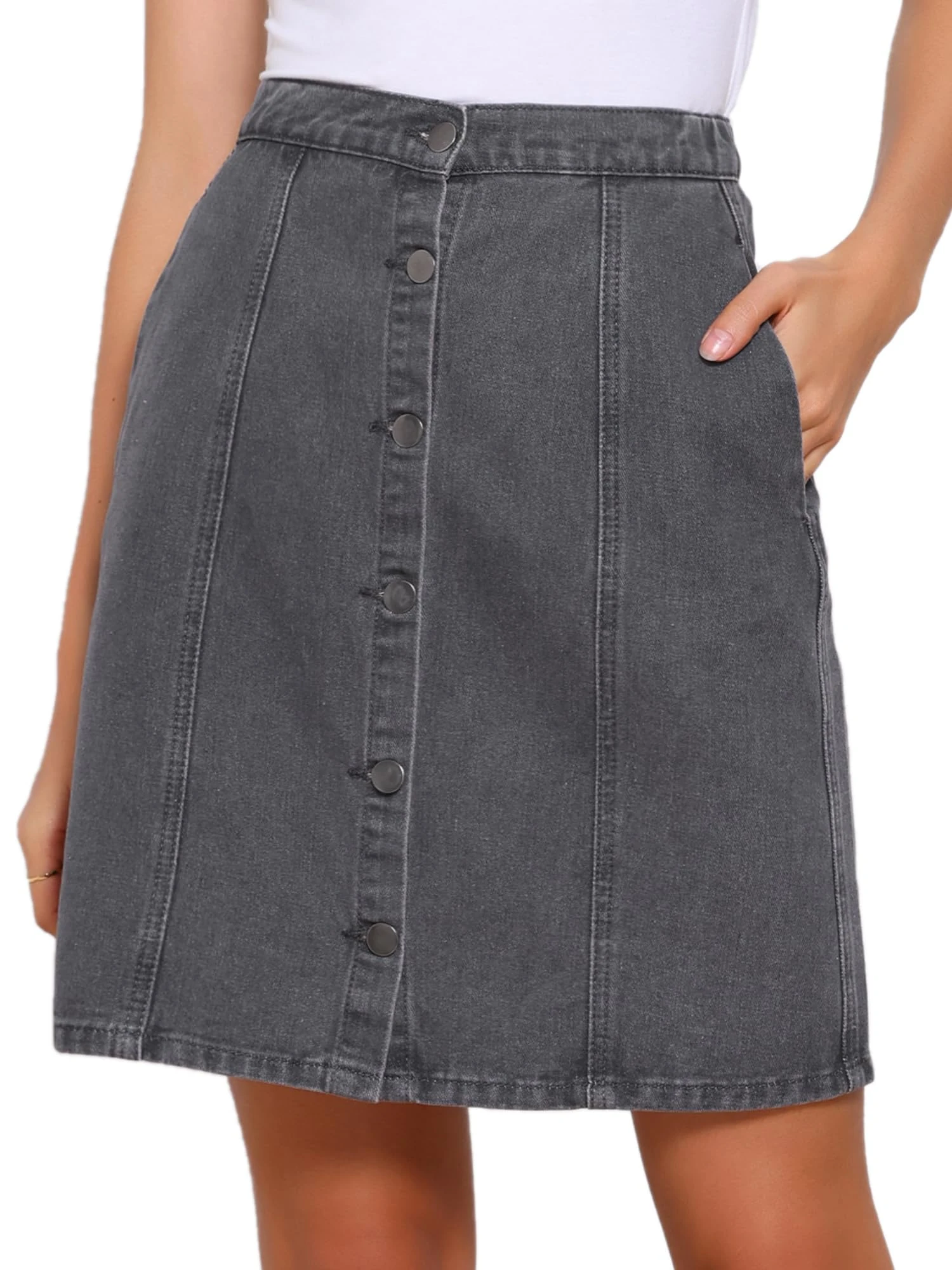 Allegra K Women's Denim Skirts 2024 Summer Casual A-Line Short Button Down Jean Skirt, Grey Black, XS