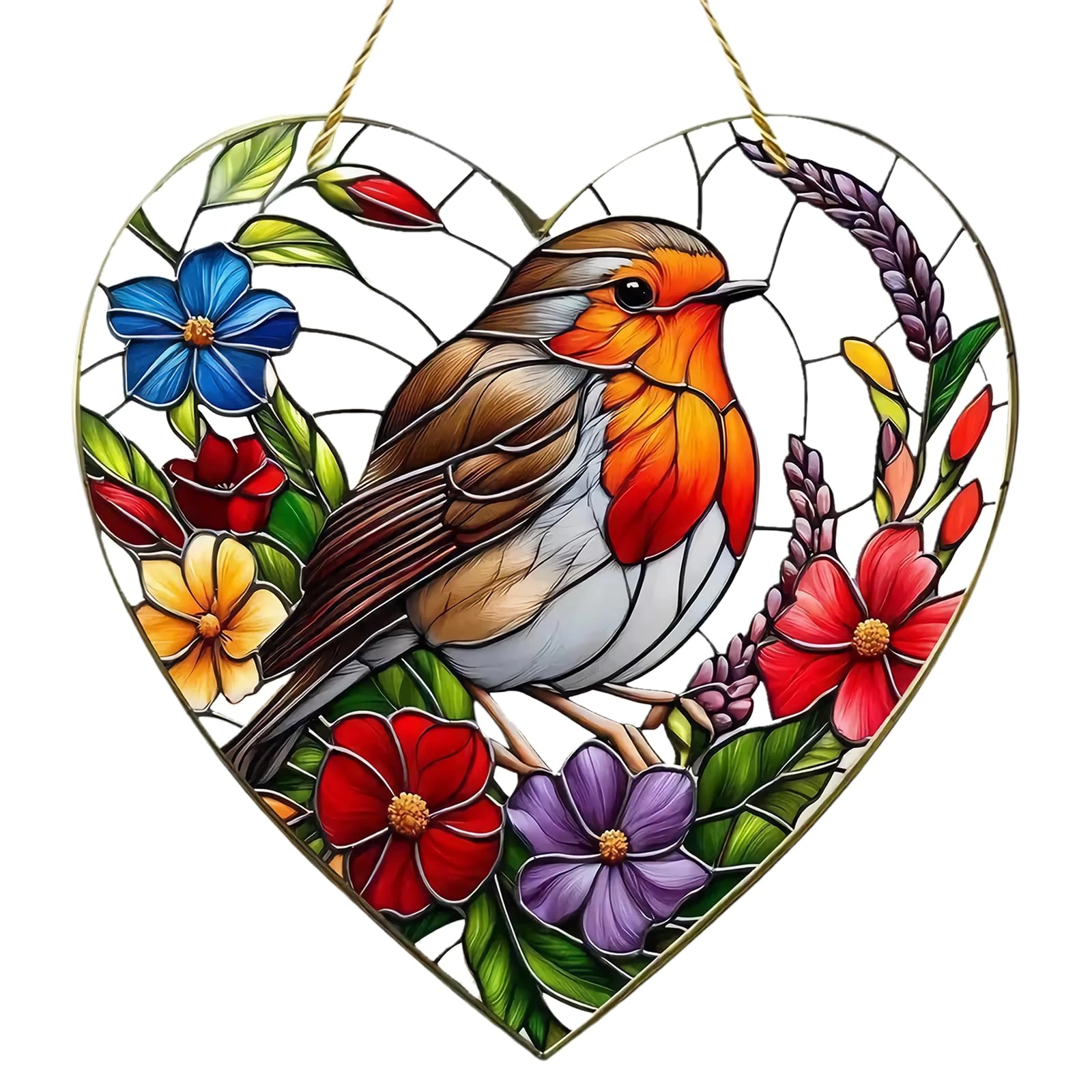 Window Sun Catcher, 20x20CM Large Heart-Shaped Robin Stained Glass Suncatcher – Decorative Hanging Ornament for Windows, Ideal for Home, Garden, or Gift