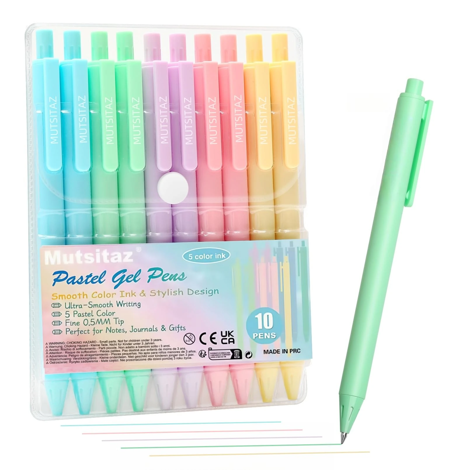 Mutsitaz Pack of 10 Retractable Ballpoint Pens 0.5 mm Colour Ink Smooth Writing Cute Pens Pastel Roller Gel Pens Ballpoint Pen