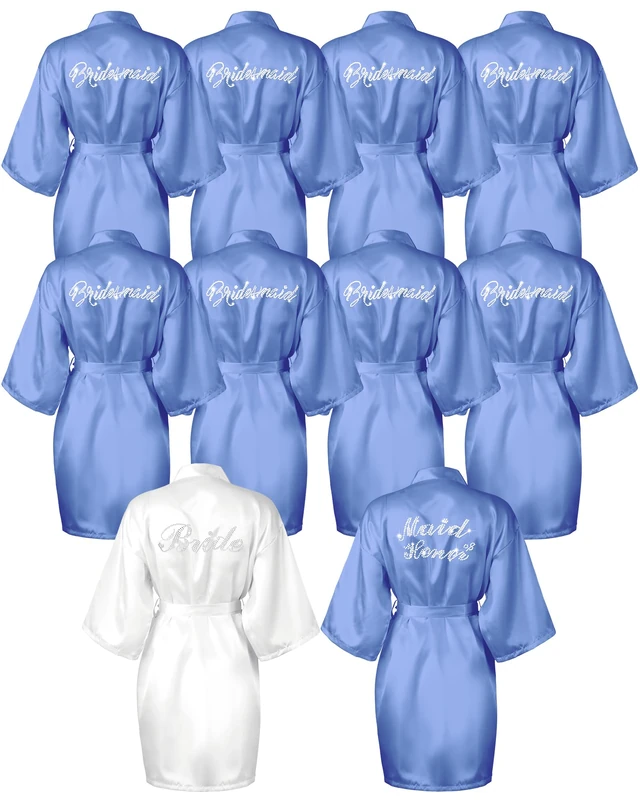 Jecery 10 Pcs Bride Bridesmaid Robes Kimono Rhinestones Short Satin Robes for Women Wedding Party, White and Light Blue, One Size