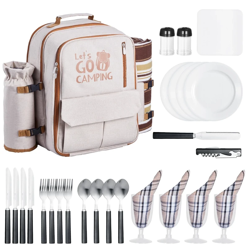 VEVOR Picnic Backpack, Beach Picnic Backpack Bag for 4 Person with Insulated Cooler Compartment, Detachable Bottle/Wine Holder, Lightweight Blanket, Plates & Cutlery Set for Outdoor, Hiking, Camping