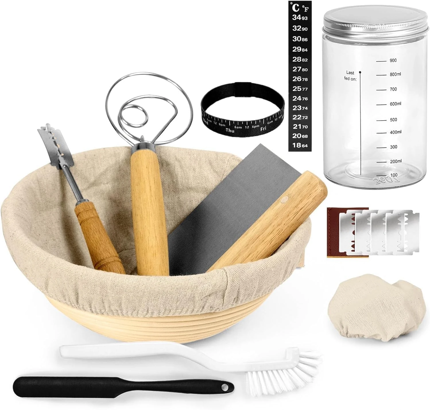 Bread Proofing Basket Set Baking Supplies, Sourdough Starter Kit, Handcrafted Baking Setwith Linen Liner Cover Temperature Marking Tape Scraper Cleaning Brush Spatula Mixer Blades Glass Jar 1 Set