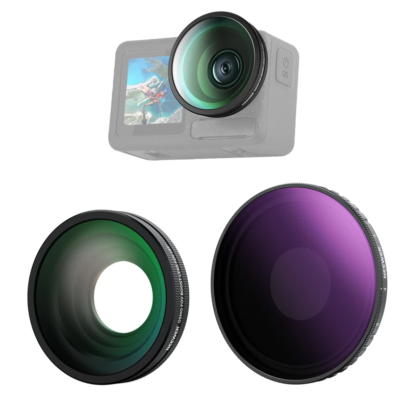 NEEWER Variable ND Filter Lens Kit Compatible with DJI Osmo Action 5 Pro/4, Screw On Multicoated HD Optical Glass ND8-32 (3-5 Stops) + 185° FOV Wide Angle Lens Action Camera Accessories, FL-54