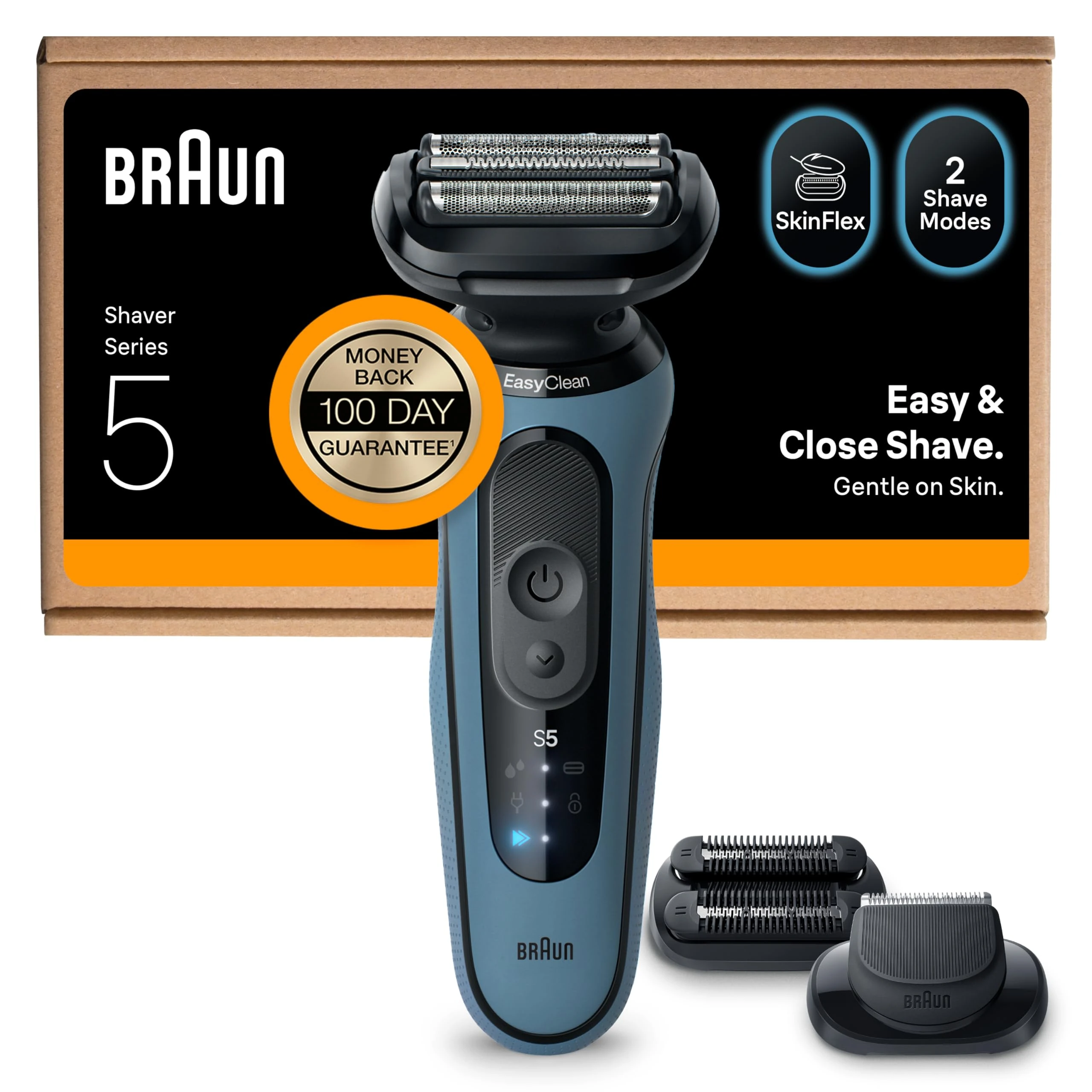 Braun Series 5 Electric Shaver, Up to 50 min, +2 Attachments, Cordless, Wet & Dry Razor for Men, 100 percent Waterproof, 52-A1820SI, Azure