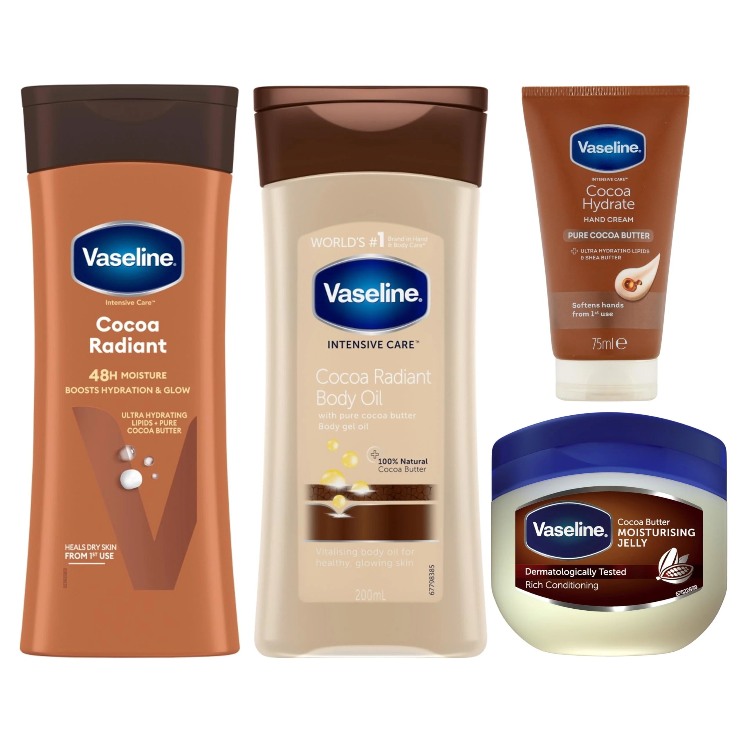 Vaseline Cocoa Radiant Glow Bundle: Body Lotion, Body Oil, Hand Cream, and Moisturising Petroleum Jelly for Ultimate Hydration & Radiance, Revitalizing Dry and Dull Skin