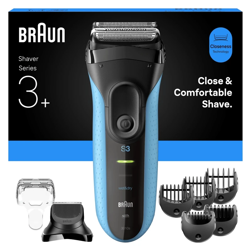 Braun Series 3+ Electric Shaver, 3 Flexible Blades, Wet & Dry Razor for Men with Beard Trimmer Attachment, +5 Combs, Efficiency MicroComb, Made in Germany, 3010BT, Blue