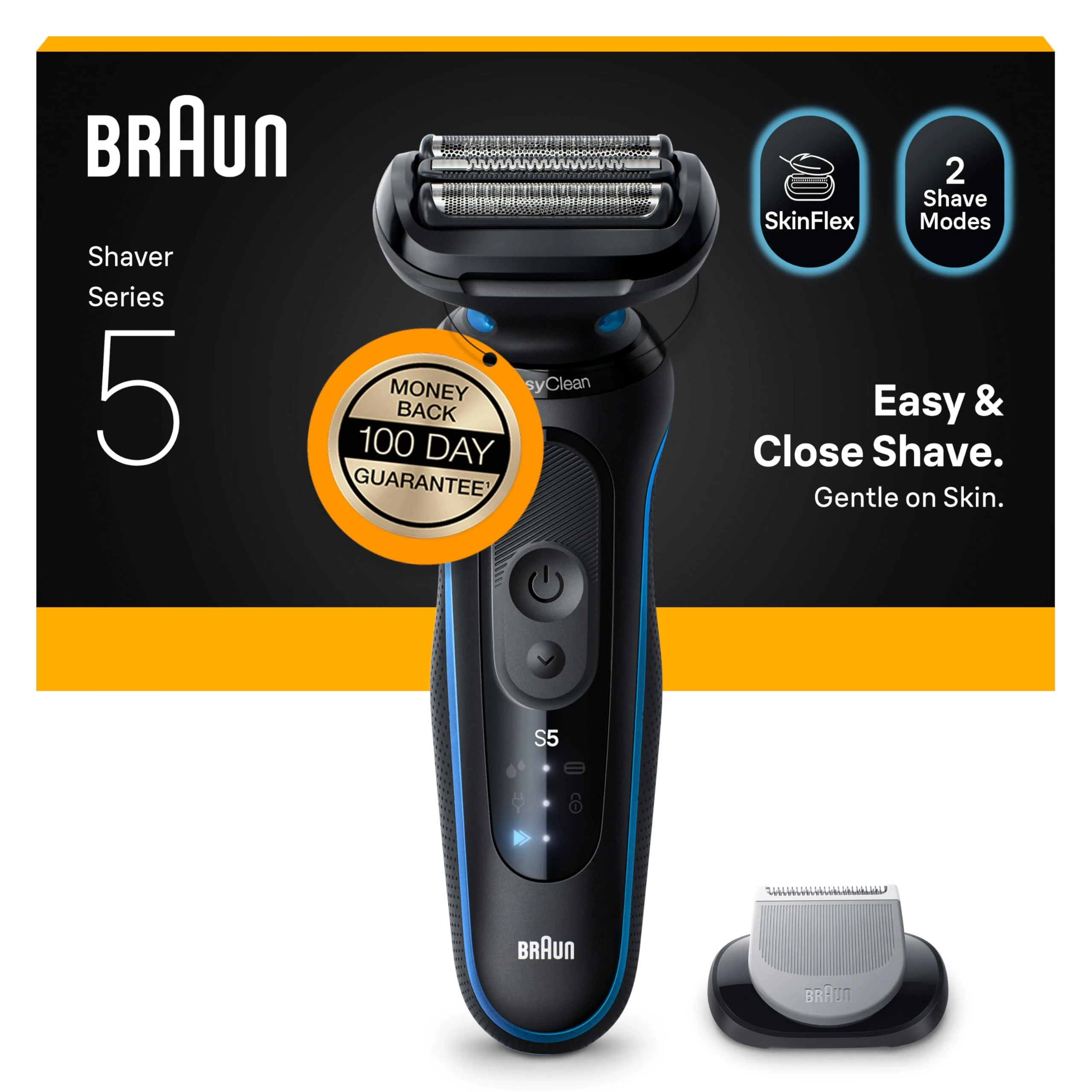 Braun Series 5 Electric Shaver, Wet & Dry Foil Razor for Men with Body Groomer Attachment, Cordless, Up to 50 min, 100 percent Waterproof, 52-B1600S, Blue