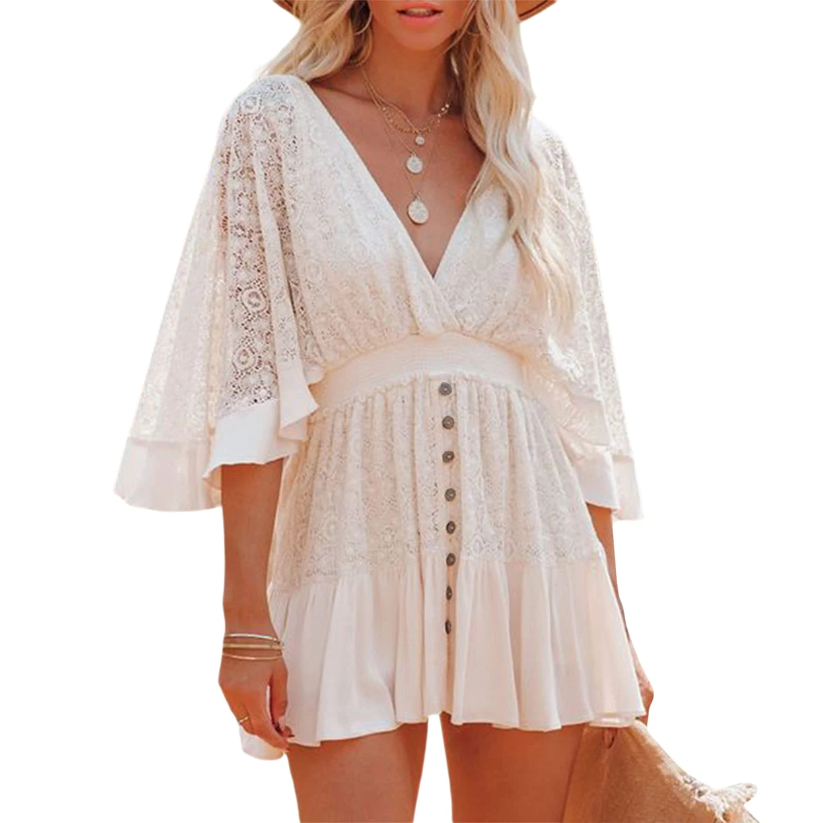 Women's Lace Crochet Romper Dress,Batwing Sleeve Backless Ruffle Dresses,Buttons Down Swing Beach Dress (White, L)