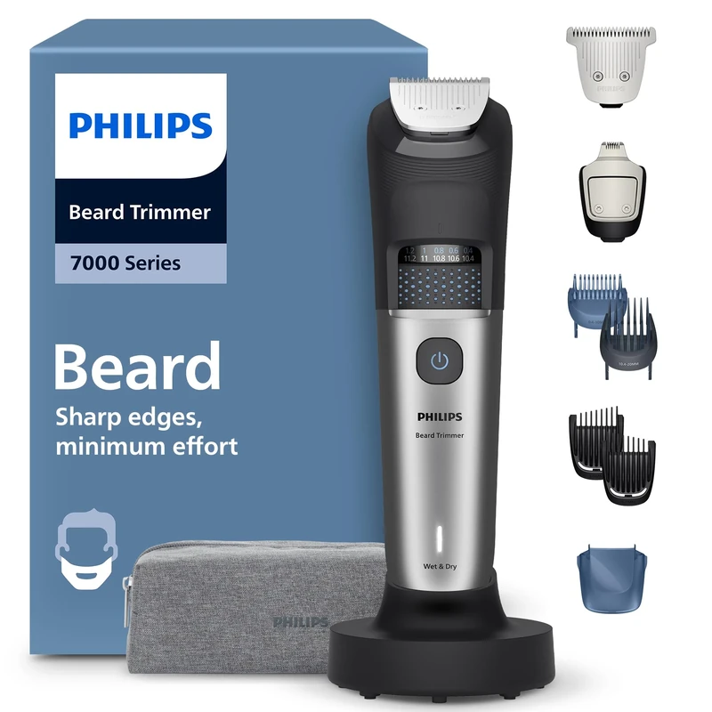 Philips Beard Trimmer 7000 Series, Self-Sharpening Metal Blades, 40 Lock-in Settings, BeardSense Technology, Hair Collector, 100 Percent Waterproof, Silver (BT7670/15)