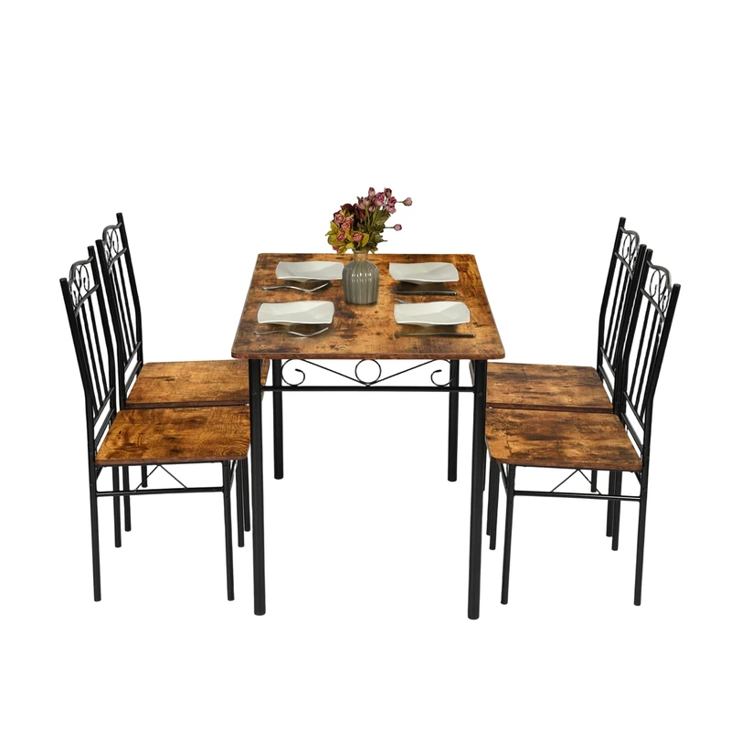 HOMYLIN Dining Table and Chairs Set ，5-Piece Dining Set, Rustic Industrial Design, Metal Frame with Wood Finish, Ideal for Dining Rooms or Kitchen Nook，Brown