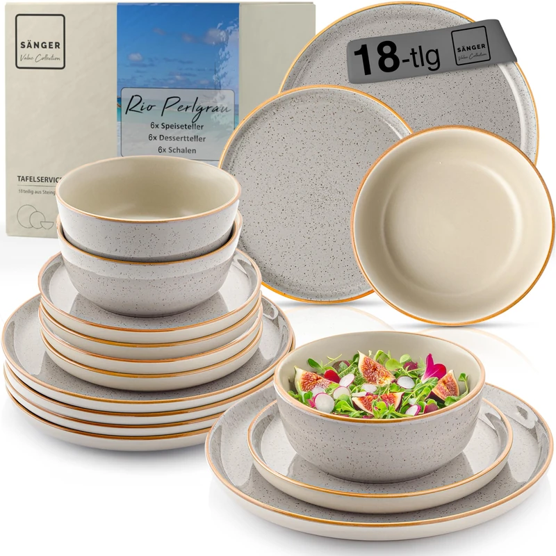 SÄNGER Rio Perlgrau | Dinner Service 18 Pieces, Stoneware Crockery Set for 6 People, 6 x Dinner Plates, 6 x Dessert Plates, 6 x Bowls Crockery Set and Grey Bowl, Value Collection