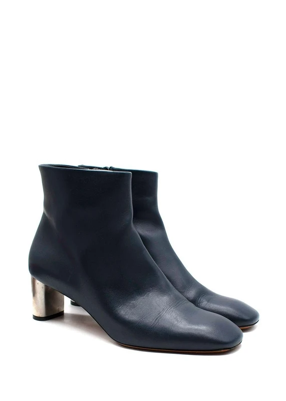 Celine Pre-Loved Navy Leather Silver Brushed Heel Ankle Boot