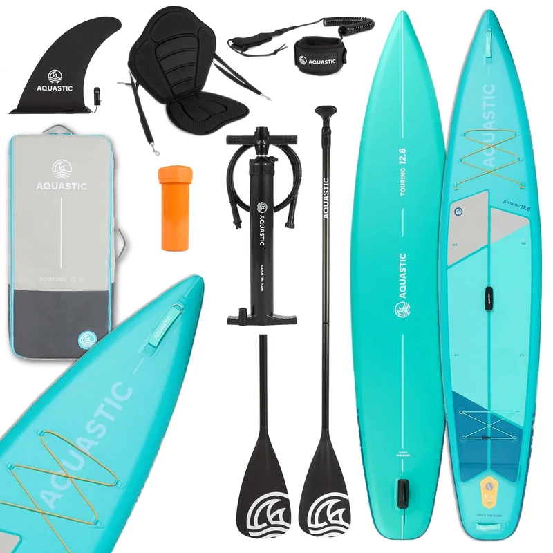 AQUASTIC Touring 12'6 inch SUP Inflatable Board | Drop Stitch Lite+ Construction | 381 × 76 × 15 cm | Buoyancy 355 L | Load Capacity 165 kg | Touring Profile | Kayak Seat Assembly
