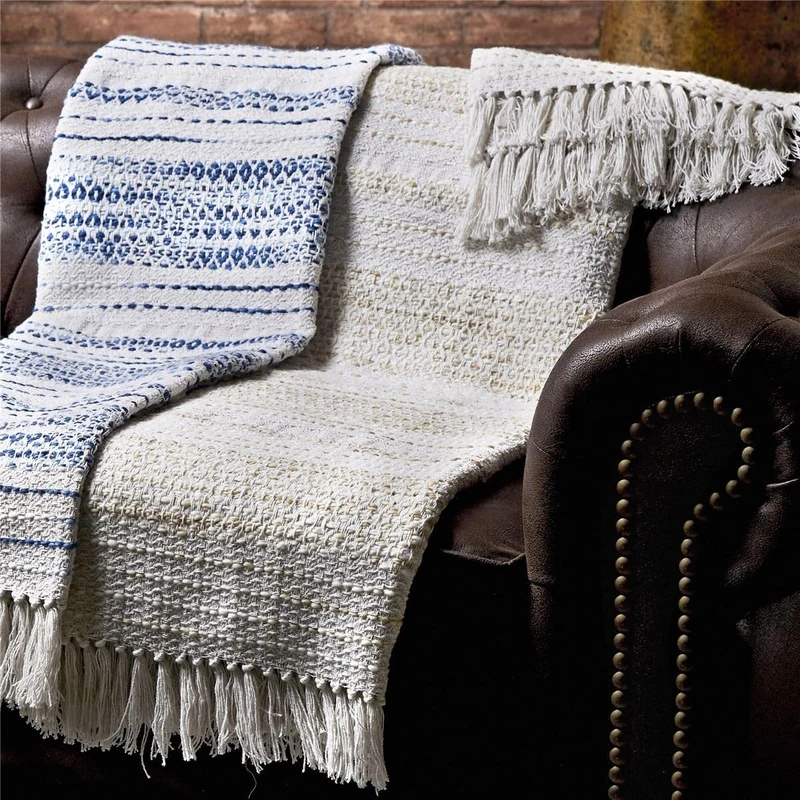 AlexandreHouse Manta Bordada Rayas Blue/Beige 130 x 170 cm. 130 x 1 x 170 cm - Image 1