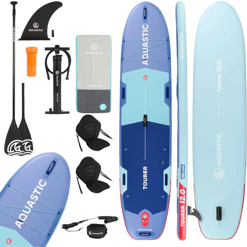 AQUASTIC Tourer 12'0 inch Inflatable SUP Board, All-Round Touring, 365 x 86 x 15 cm, 410 L Displacement, 2 Kayak Spaces, Drop Stitch Lite Technology, Max. Load 200 kg
