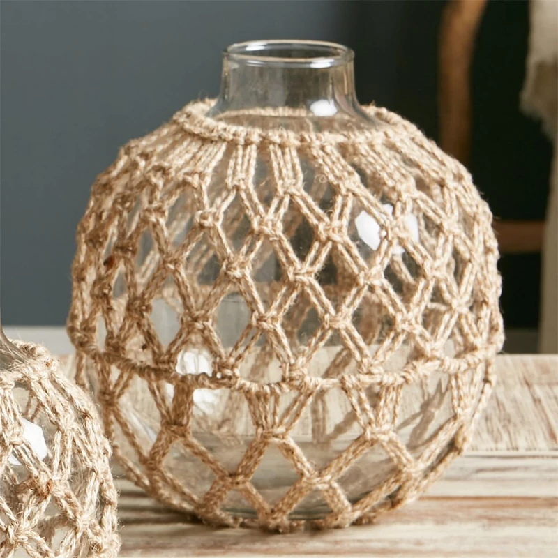 JARRON VIDRIO C/MACRAME 21D. CMS. 21dx23 cms