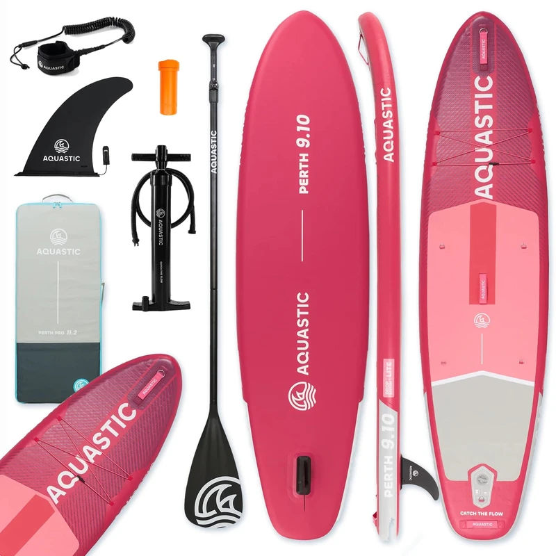 AQUASTIC Perth 9'10 Inch Inflatable SUP Board | All-Round Shape | Drop Stitch Lite | 300 x 76 x 12 cm | 320 L Displacement | Maximum Load 100 kg | 3 mm EVA Foam | D-Ring Handle | Slide-In 9 Inch