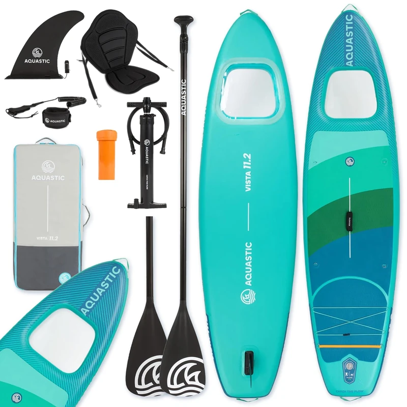 AQUASTIC Vista 11'2 Inch Inflatable SUP Board, Allround Shape, Drop Stitch Lite, 340 x 89 x 15 cm, 340 L Displacement, Max. Load 150 kg, Underwater Window, Slide-In Stand Up Pad