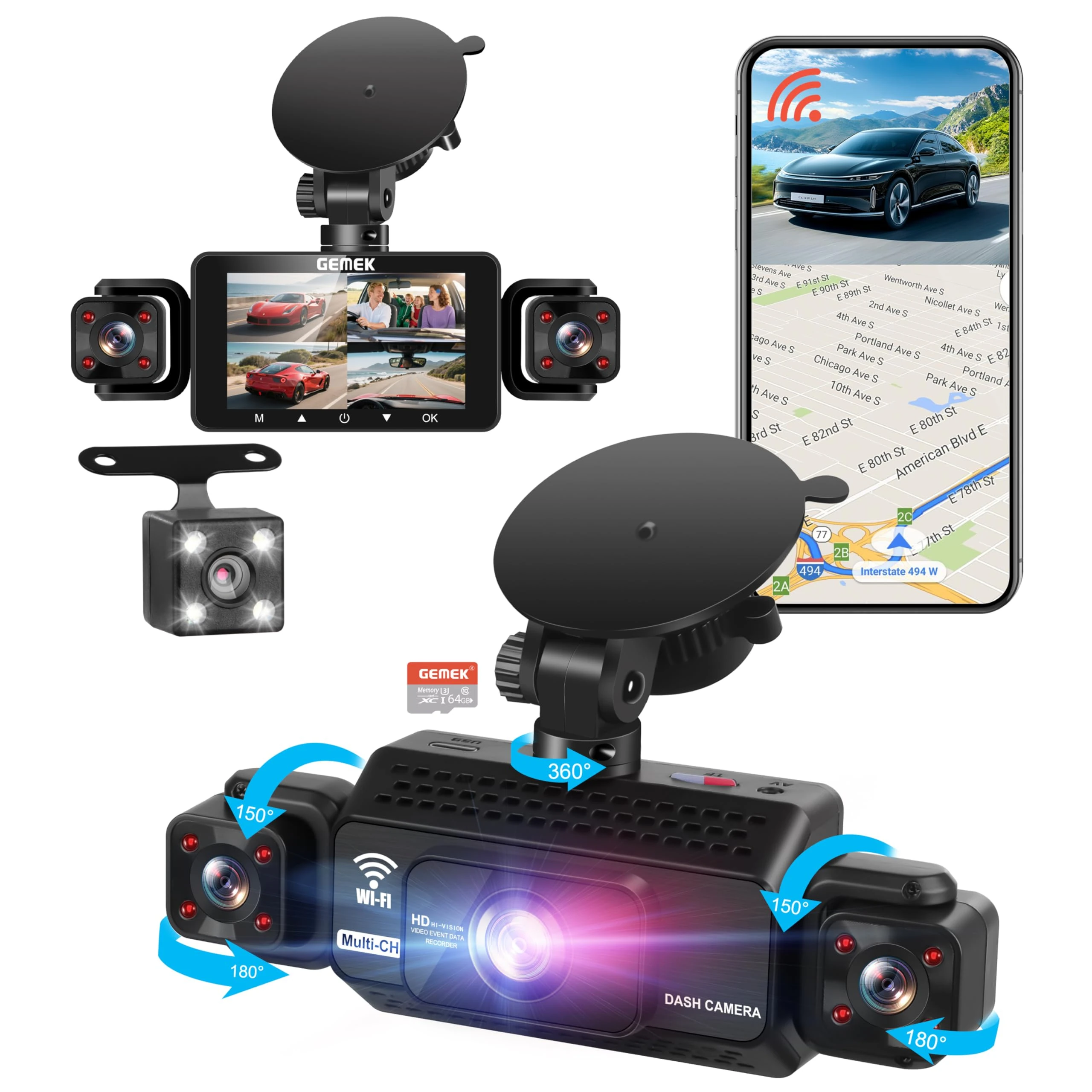 4 Channel Dash Cam 360° View 5G WiFi & APP Control, GEMEK 2K Front and Rear Inside, Left Right Dash Camera for Cars Free 64GB TF Card, G-Sensor, Night Vision, 24H Parking Mode (3.8 inches)