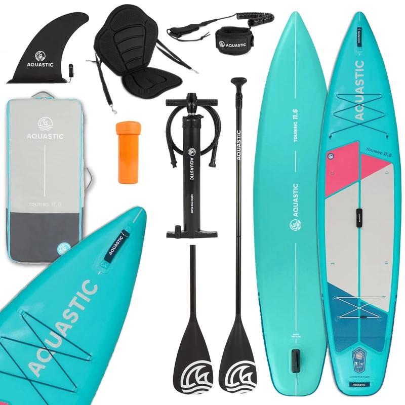 AQUASTIC Touring 11'6 inch Inflatable SUP Board, Drop Stitch Lite+ Single Layer Construction, 350 x 79 x 15 cm, 330 L Displacement, Max. Load 130 kg, D-Rings for Kayak Seat