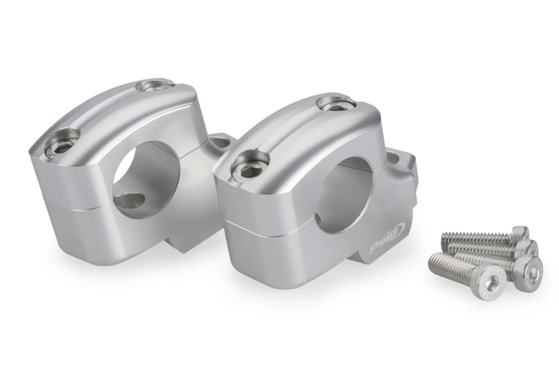 Puig 22101P Pullback Risers to improve handlebar ergonomics with 25 mm rise and 16 mm pullback, made of machined anodized aluminum for enhanced durability, Silver
