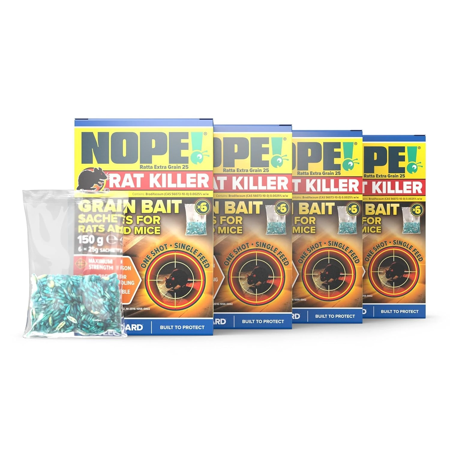 NOPE! Rat Killer Grain Bait 4 x 150g | Super Strength Poison Sachets | Single Feed Premium Oat Grain Bait | Quick-Acting Rodent Control and Mouse Killer | Works Outdoors in All Weather