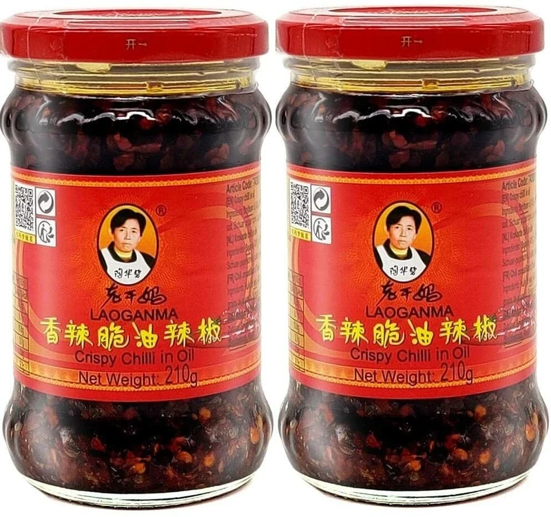 Lao Gan Ma Crispy Chilli Oil 210g (Pack of 2) – Laoganma Spicy Chilli Crisp Hot Sauce Jar - Savoury Crunchy Texture | Authentic Chinese Umami Condiment for Noodles, Rice, Stir-Fries and dips