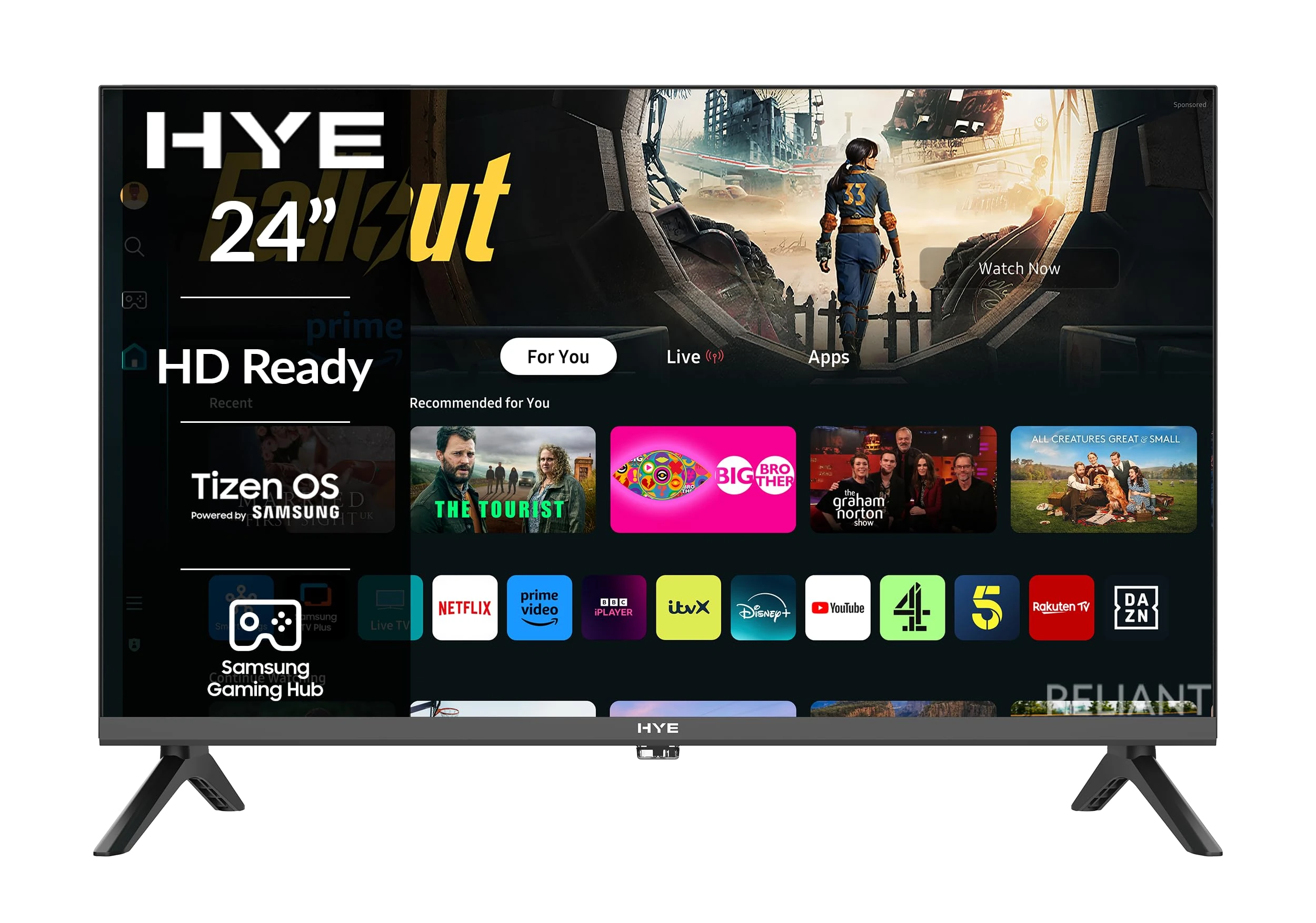 HYE Smart 24 Inch TV with Samsung Tizen OS & Gaming Hub & Streaming Apps, Frameless Design, Built-in Wifi & Bluetooth, 3 HDMI & 2 USB, – HD Ready Smart TV for Any Room – 24HDS1008