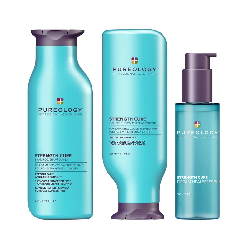 Pureology Strength Cure Strengthening Shampoo, Conditioner, and Serum Trio Set, For Damaged, Colour Treated Hair, Vegan Formulas, Sulphate Free for a Gentle Cleanse