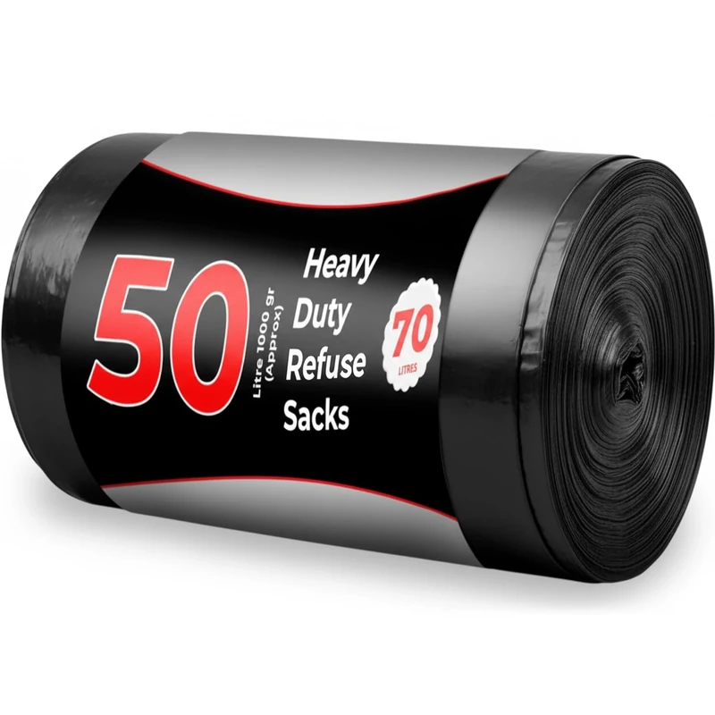 Roe Tenpo 50 Pack Heavy Duty Bin Bags - 70L, 30 Microns Bin Liners, Strong & Durable, Tear Resistant Refuse Sack, Black Bin Bags for Everyday Use, Household & Commercial Use