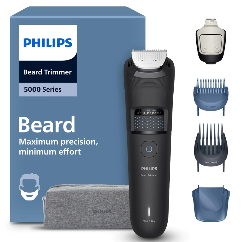 Philips Beard Trimmer 5000 Series - Self-Sharpening Metal Blades, 40 Lock-in Settings, BeardSense Technology, Hair Collector, 100% Waterproof, Travel Pouch, Model BT5765/15