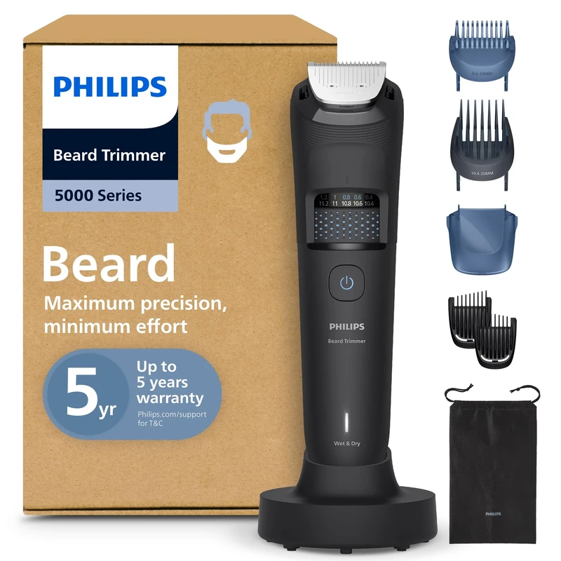 Philips Beard Trimmer 5000 Series - Self-Sharpening Metal Blades, 40 Lock-in Settings, BeardSense Technology, Hair Collector, 100% Waterproof, Fading Comb, Travel Pouch, Model BT5785/30