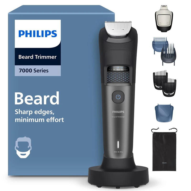 Philips Beard Trimmer 7000 Series - Self-Sharpening Metal Blades, 40 Lock-in Settings, BeardSense Technology, Hair Collector, 100% Waterproof, Charging Stand, Soft Pouch, Model BT7660/15