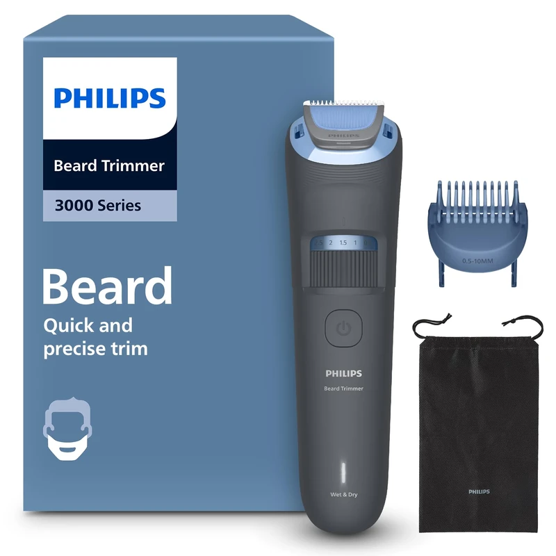 Philips Beard Trimmer 3000 Series - Self-Sharpening Blades with Round Tips, 20 Lock-in Settings, Lift&Trim Comb, 100% Waterproof, Battery Indicator, USB Charging, Soft Pouch, Model BT3619/15