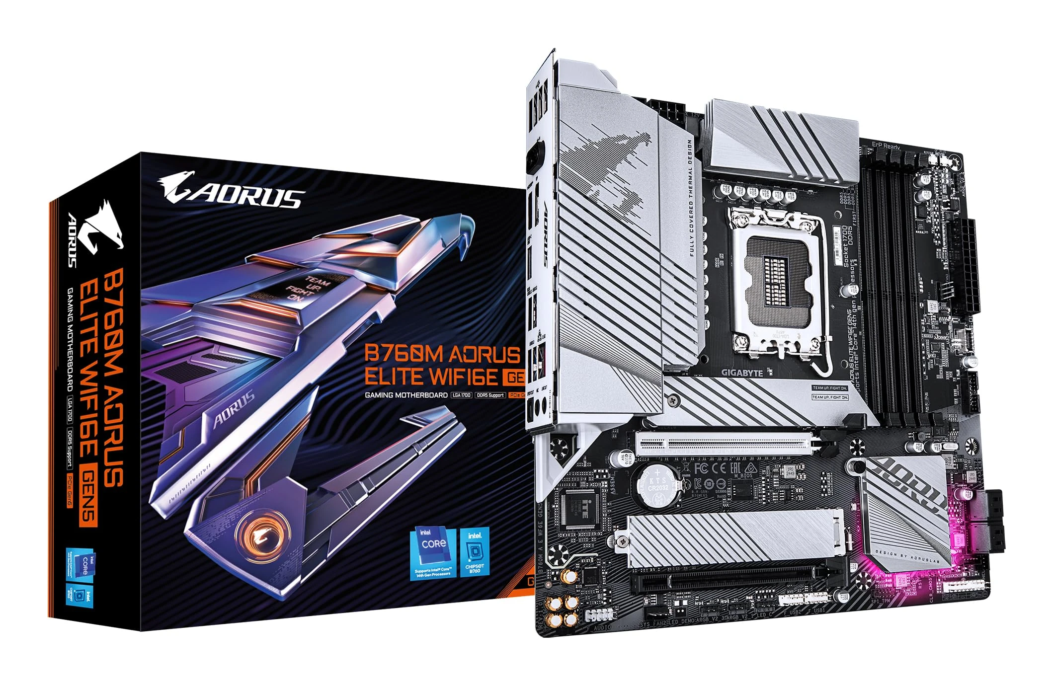 GIGABYTE B760M AORUS ELITE WIFI6E GEN5 Motherboard - Supports 14th Gen. Intel Core CPUs, 12+1+1 phases VRM, up to 5600MHz DDR5, 2xPCIe 4.0 M.2, Wi-Fi 6E, 2.5 GbE LAN, USB 3.2 Gen 2x2
