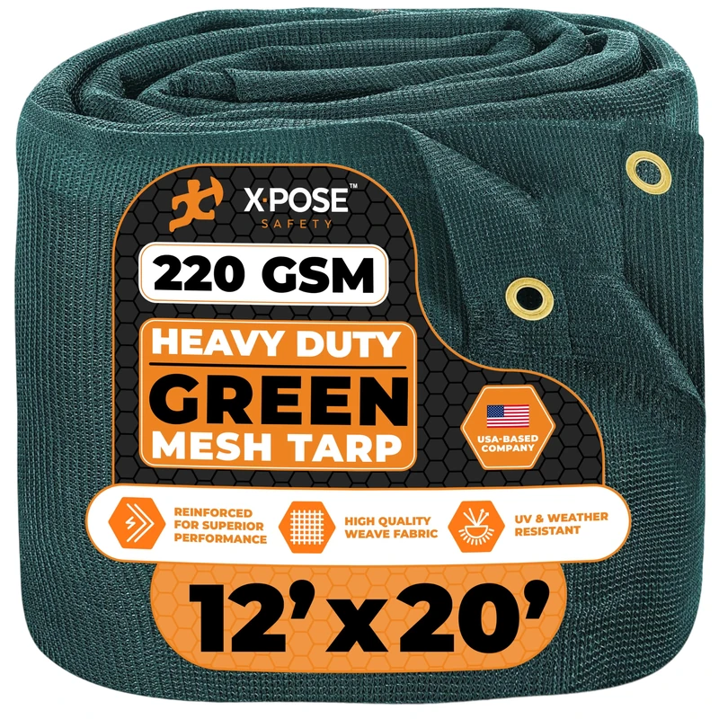 Xpose Safety Heavy Duty Mesh Tarp 12' x 20' – Multipurpose Green Shade Cloth with Grommets for Tie Downs, Garden, Fences, Canopies, Dump Trucks – Weather and Tear Resistant Outdoor Cover
