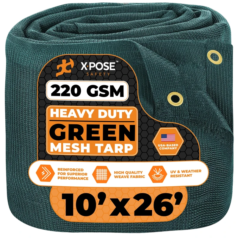 Xpose Safety Heavy Duty Mesh Tarp 10' x 26' – Multipurpose Green Shade Cloth with Grommets for Tie Downs, Garden, Fences, Canopies, Dump Trucks – Weather and Tear Resistant Outdoor Cover