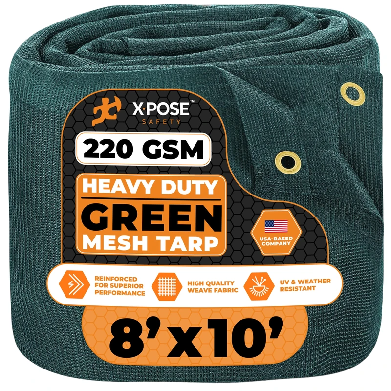 Xpose Safety Heavy Duty Green Mesh Tarp 8' x 10' – 70% Sunblock Shade Cloth with Grommets for Garden, Fence, Privacy Screen, Canopies, Dump Trucks, Pool Cover – Tear & Weather Resistant