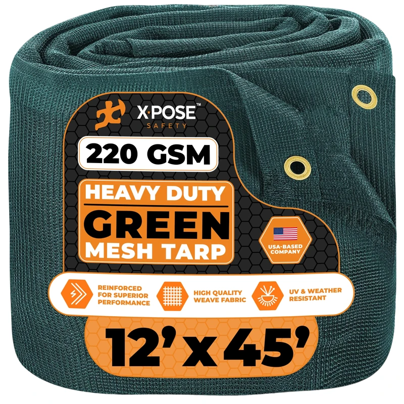 Xpose Safety Heavy Duty Mesh Tarp 12' x 45' – Multipurpose Green Shade Cloth with Grommets for Tie Downs, Garden, Fences, Canopies, Dump Trucks – Weather and Tear Resistant Outdoor Cover