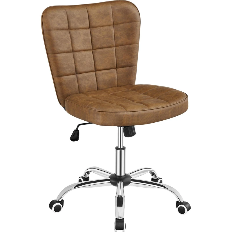 Yaheetech Mid-back Armless Desk Task Chair Faux Leather Computer Office Chair with Adjustable Seat Height, Metal Base and Rolling Wheels for Home/Office, Retro Brown