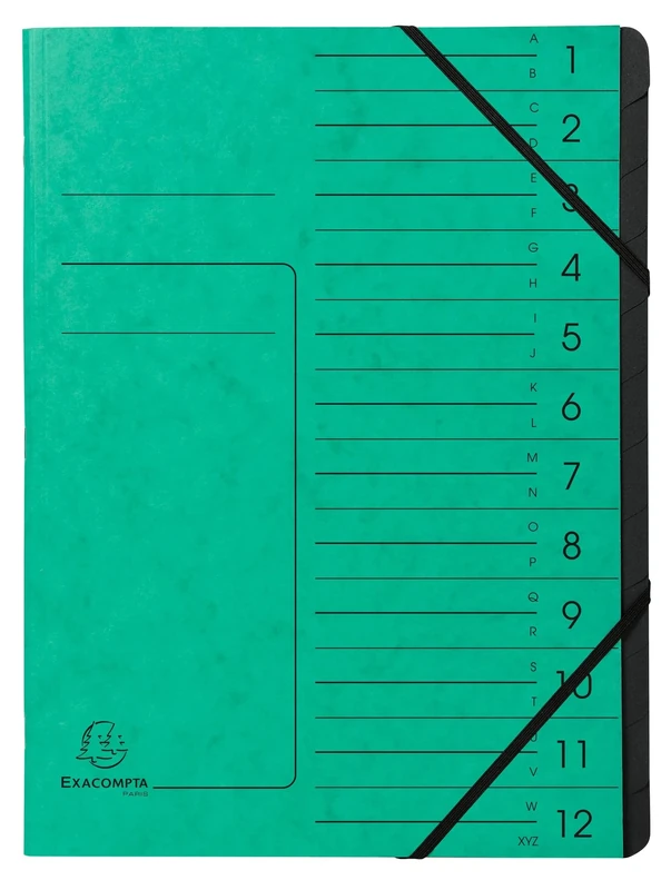 Exacompta - Ref 541203E - Box of 10 File folders with stapled Spine - with Elastic Bands - Glossy Card Printed Cover and Black Recycled Card Interior - 12 compartments - 24.5X 32cm - A4 - Green