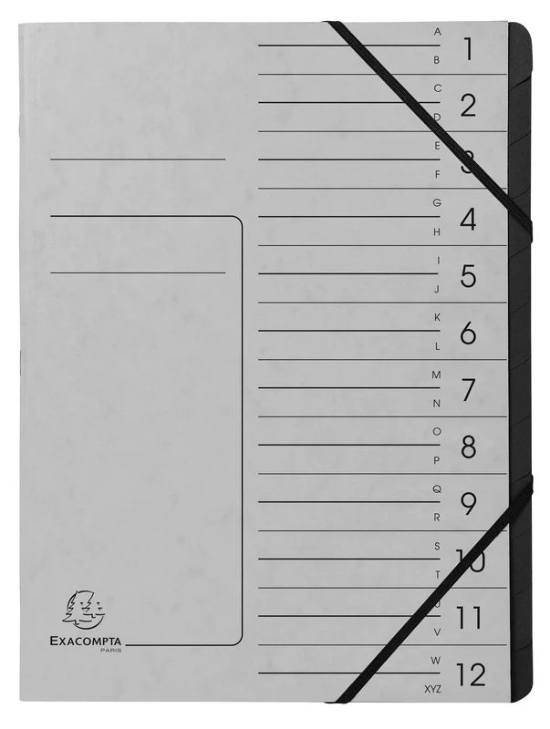 Exacompta - Ref 541211E - Box of 10 File folders with stapled Spine - with Elastic Bands - Glossy Card Printed Cover and Black Recycled Card Interior - 12 compartments - 24.5X 32cm - A4 - Grey