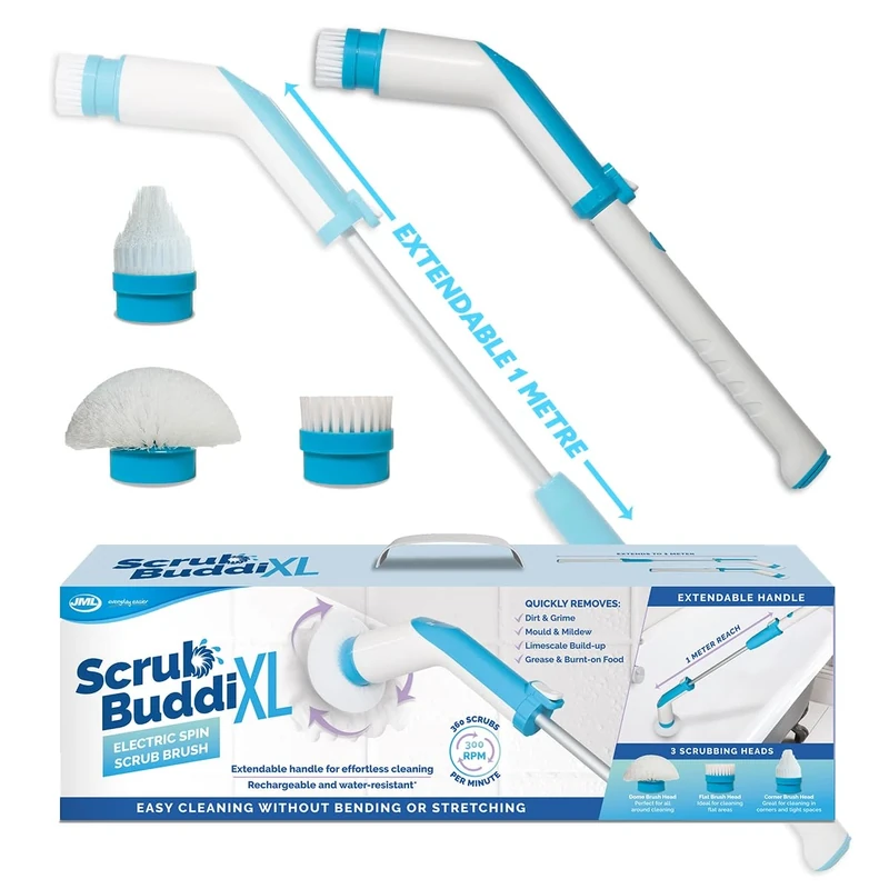 JML Electric Cleaning Brush - Long Handled Electric Scrubber, Rechargeable, Cordless Power Scrubber with 3 Attachments, 300rpm Scrubbing Brush for Bathrooms, Tight Spaces - Scrub Buddi Extra Large