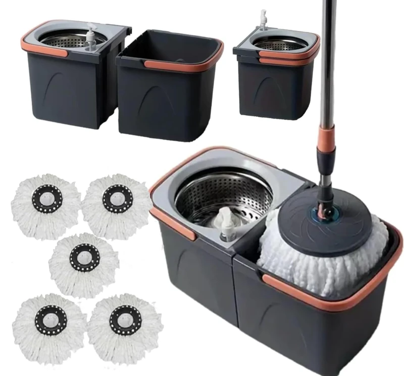 *NEW* SWISSPACK Revolving Spin Mop and Bucket With .5. Extra Pads Perfect For Easy Cleaning. Clean and Dirty Water Separtered For Perfect Finish (ORANGE-GREY) (ORANGE-GREY 1)