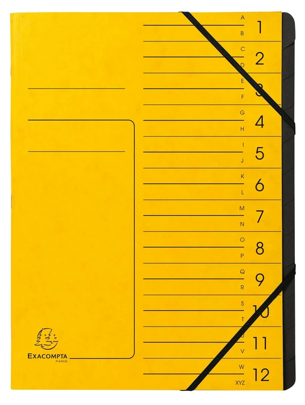 Exacompta - Ref 541209E - Box of 10 File folders with stapled Spine - with Elastic Bands - Glossy Card Printed Cover and Black Recycled Card Interior - 12 compartments - 24.5X 32cm - A4 - Yellow