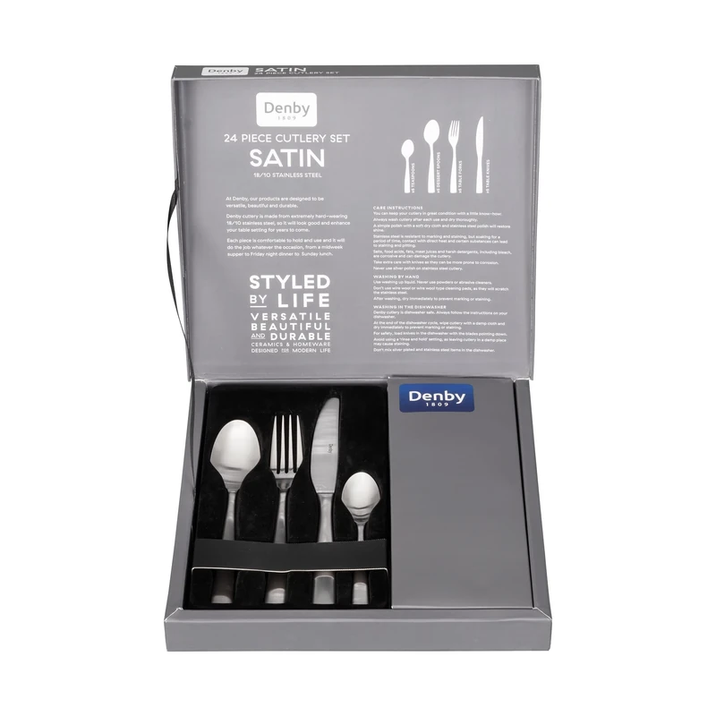 Denby - Satin 24 Piece Stainless Steel Cutlery Set for 6 People - Dishwasher Safe Tableware Kitchen Service – Flatware Set with Fork, Table Knife, Dessert Spoon & Teaspoon