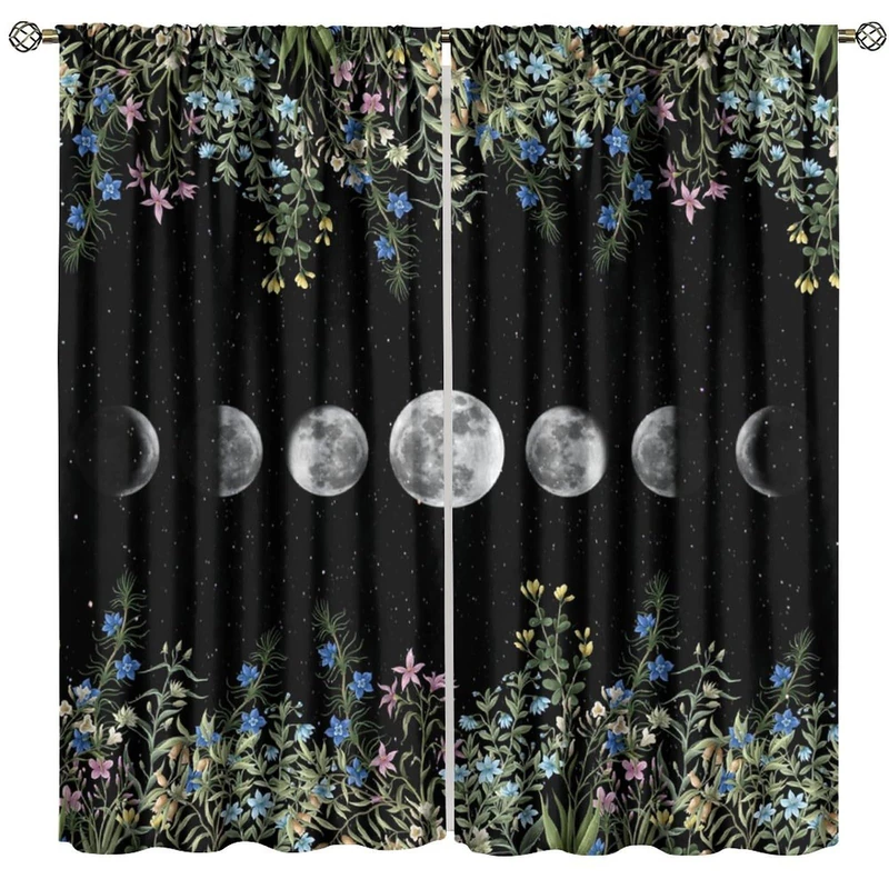 GoDazzling Moon Phase Floral Blackout Curtains, Garden Flower Herbs Nature Night Botanical Print Window Drapes, for Living Room Bedroom 42" W X 63" L