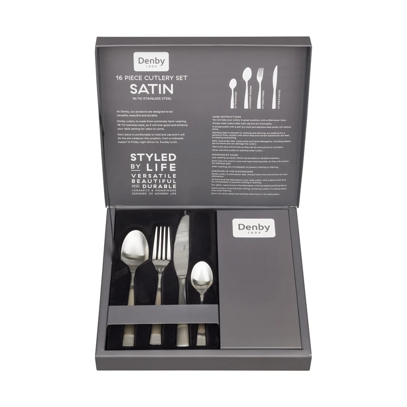 Denby - Satin 16 Piece Stainless Steel Cutlery Set for 4 People - Dishwasher Safe Tableware Kitchen Service – Flatware Set with Fork, Table Knife, Dessert Spoon & Teaspoon, Silver