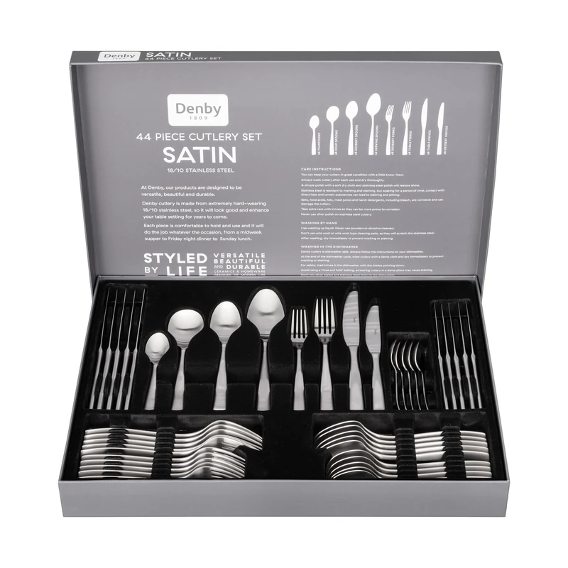 Denby - Satin 44 Piece Stainless Steel Cutlery Set for 6 People - Dishwasher Safe Tableware Kitchen Service – Flatware Set with Fork, Table Knife, Dessert Spoon & Teaspoon, Silver